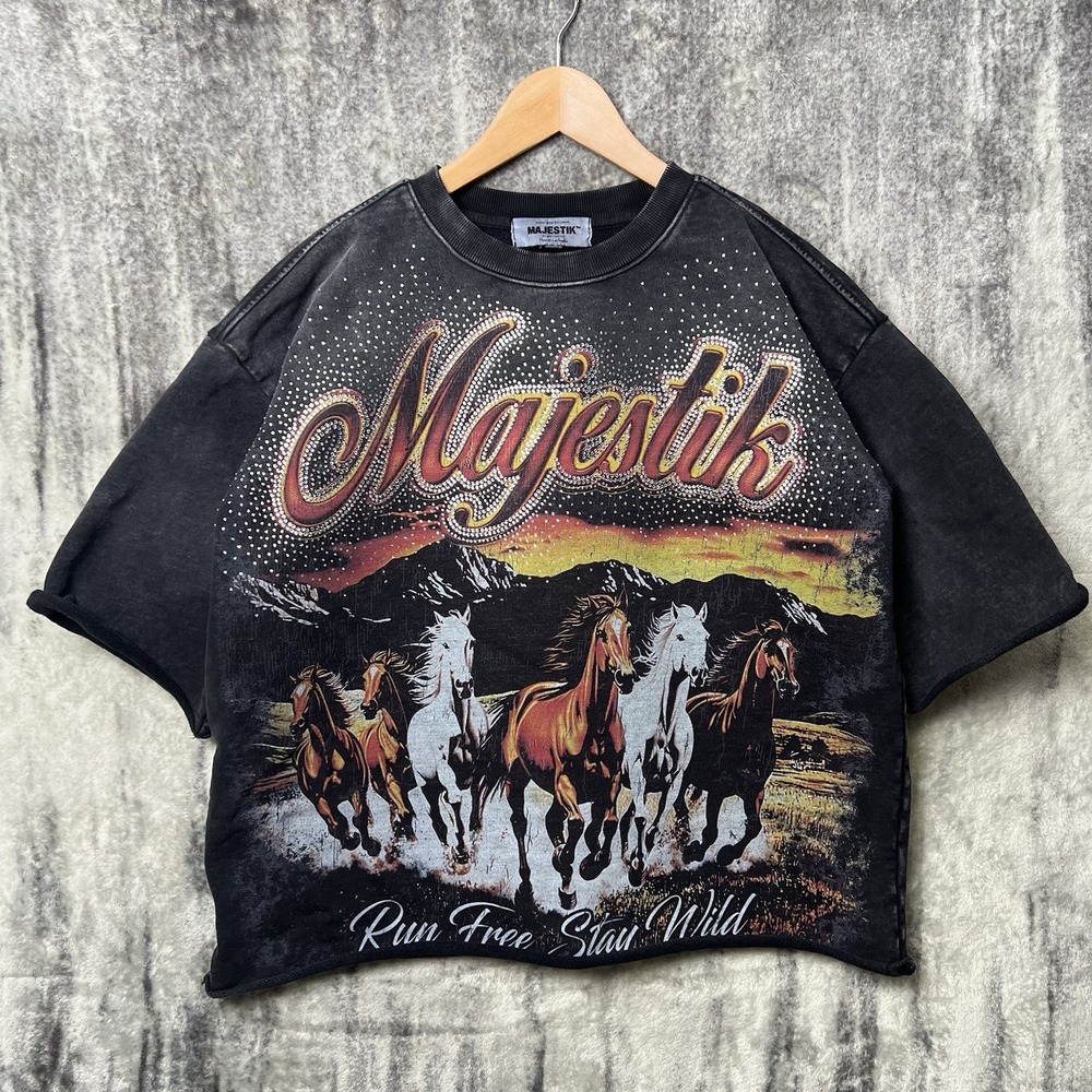 Majestik Shirt Mens Large Black Rhinestone Boxy Crop Streetwear Horse Heavy